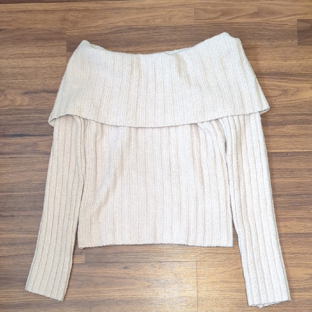 Pink Rose Off Shoulder Ribbed Sweater Size Large Blush Knit Soft Cozy Coquette